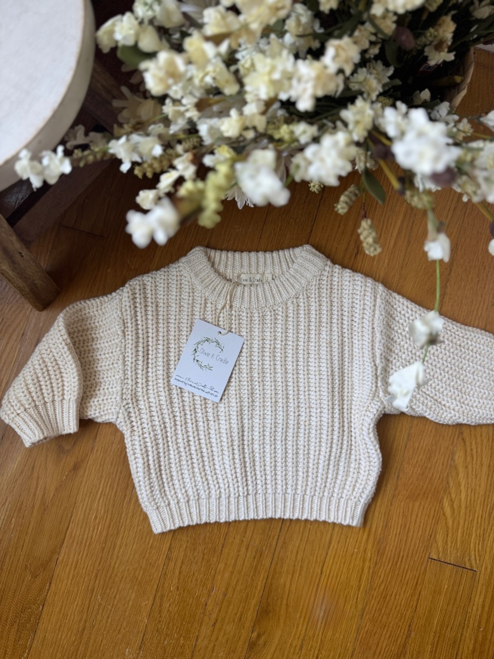 6-12m Olive & Cradle Chunky Knit braided sweater -CREAM